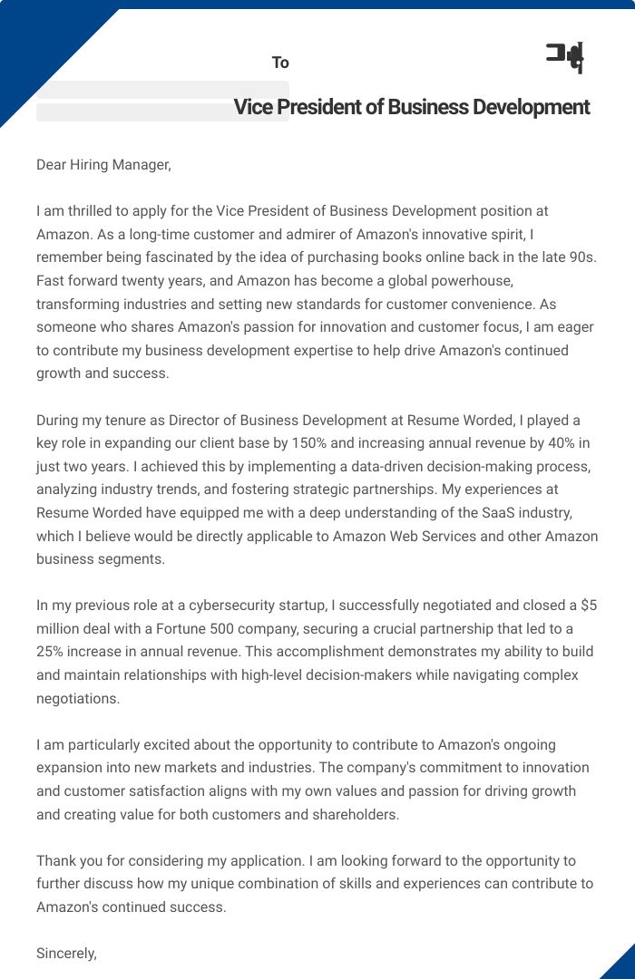 Vice President of Business Development Cover Letter