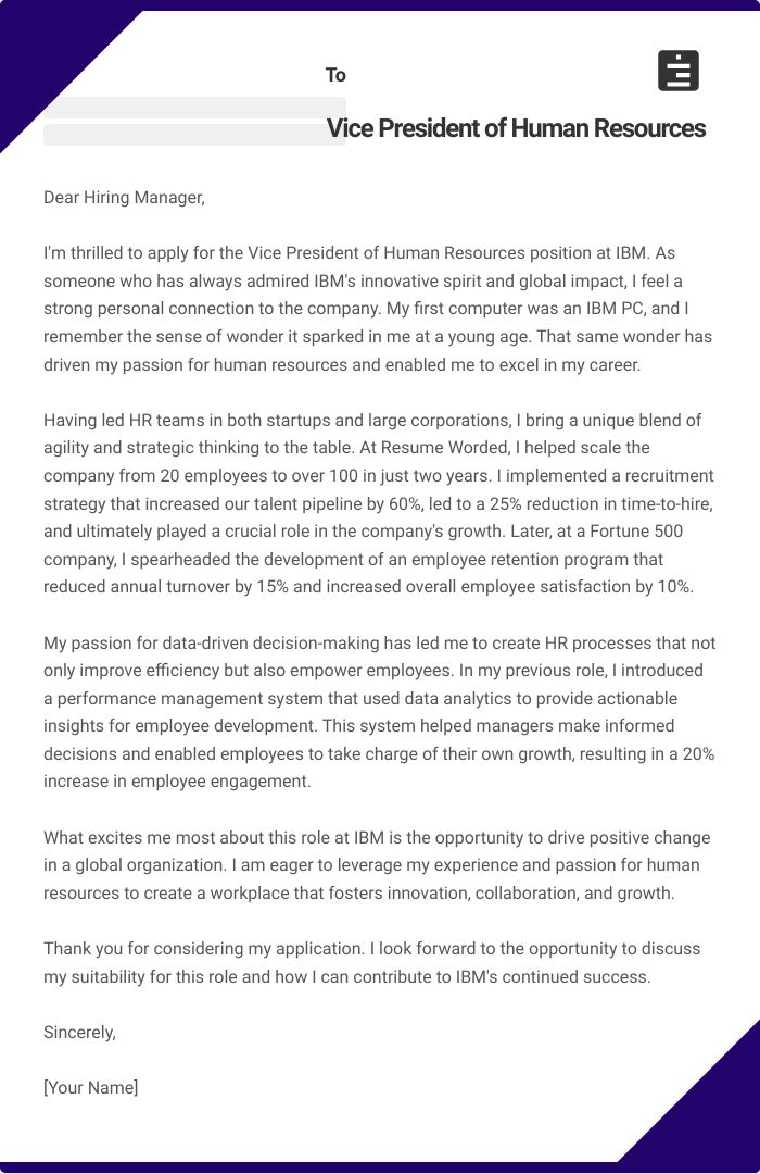 Vice President of Human Resources Cover Letter