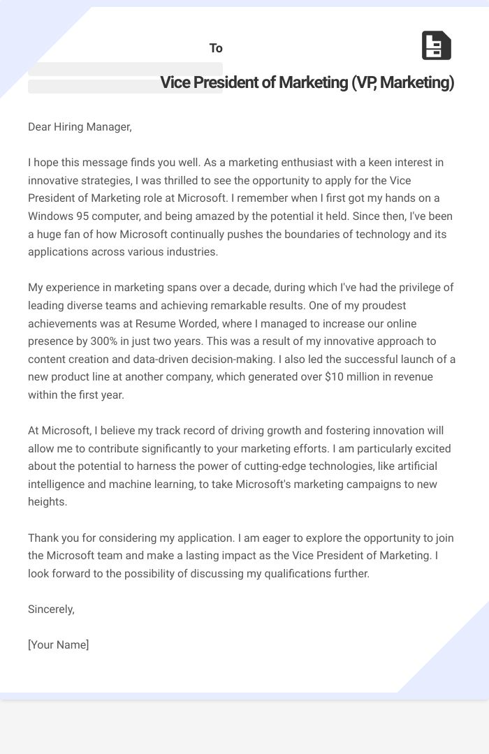 Vice President of Marketing (VP, Marketing) Cover Letter