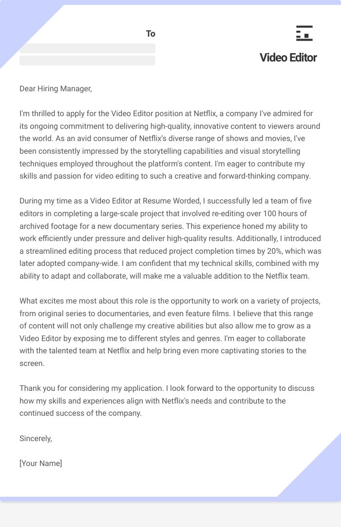 Video Editor Cover Letter