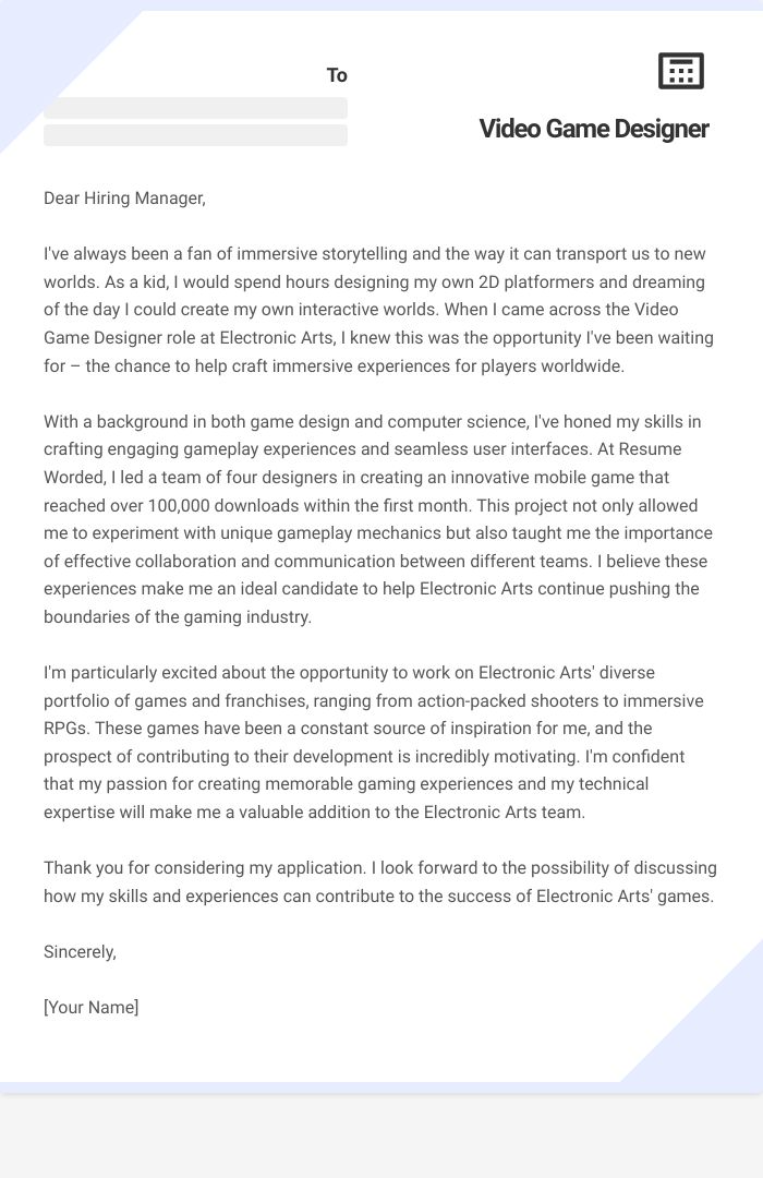 Video Game Designer Cover Letter