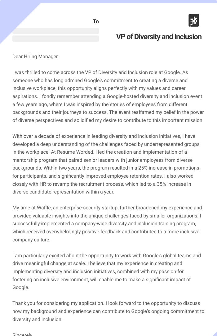 VP of Diversity and Inclusion Cover Letter