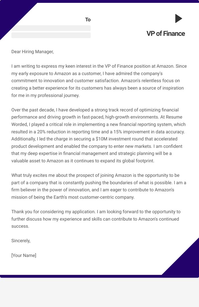 VP of Finance Cover Letter