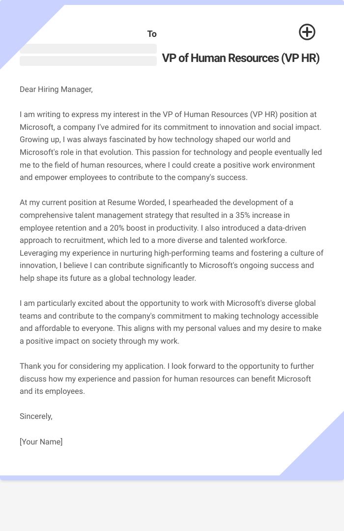 VP of Human Resources (VP HR) Cover Letter