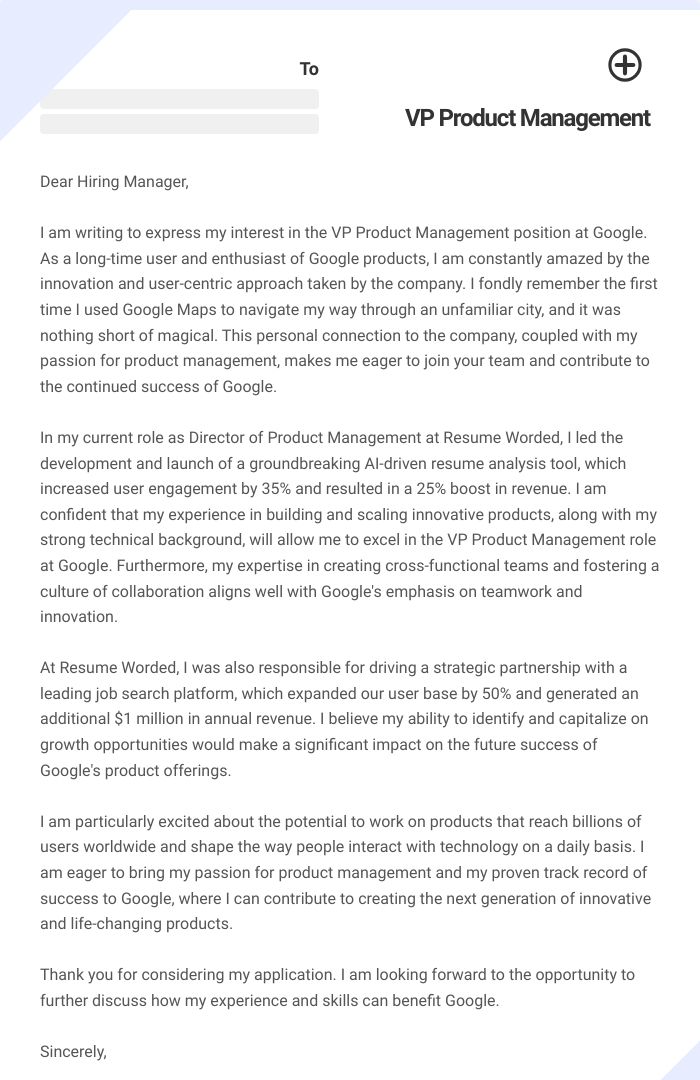 VP Product Management Cover Letter
