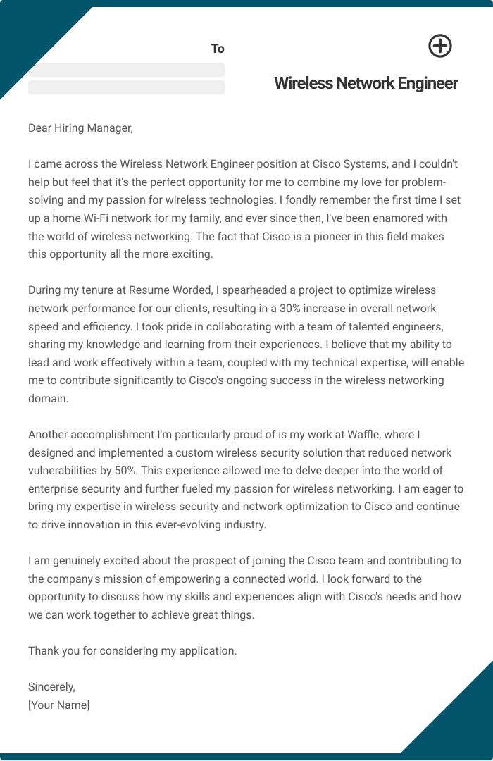 Wireless Network Engineer Cover Letter