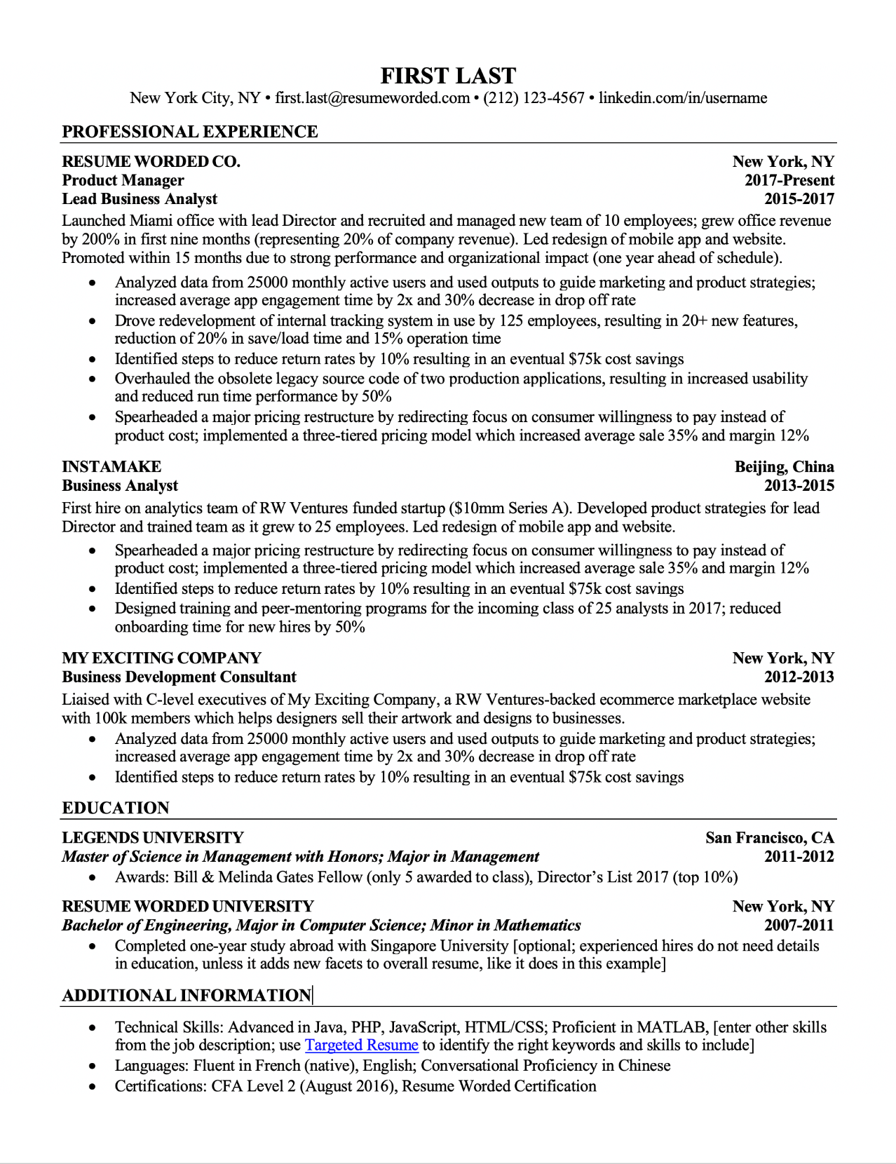 Sample resume template with responsibilities before bullet points