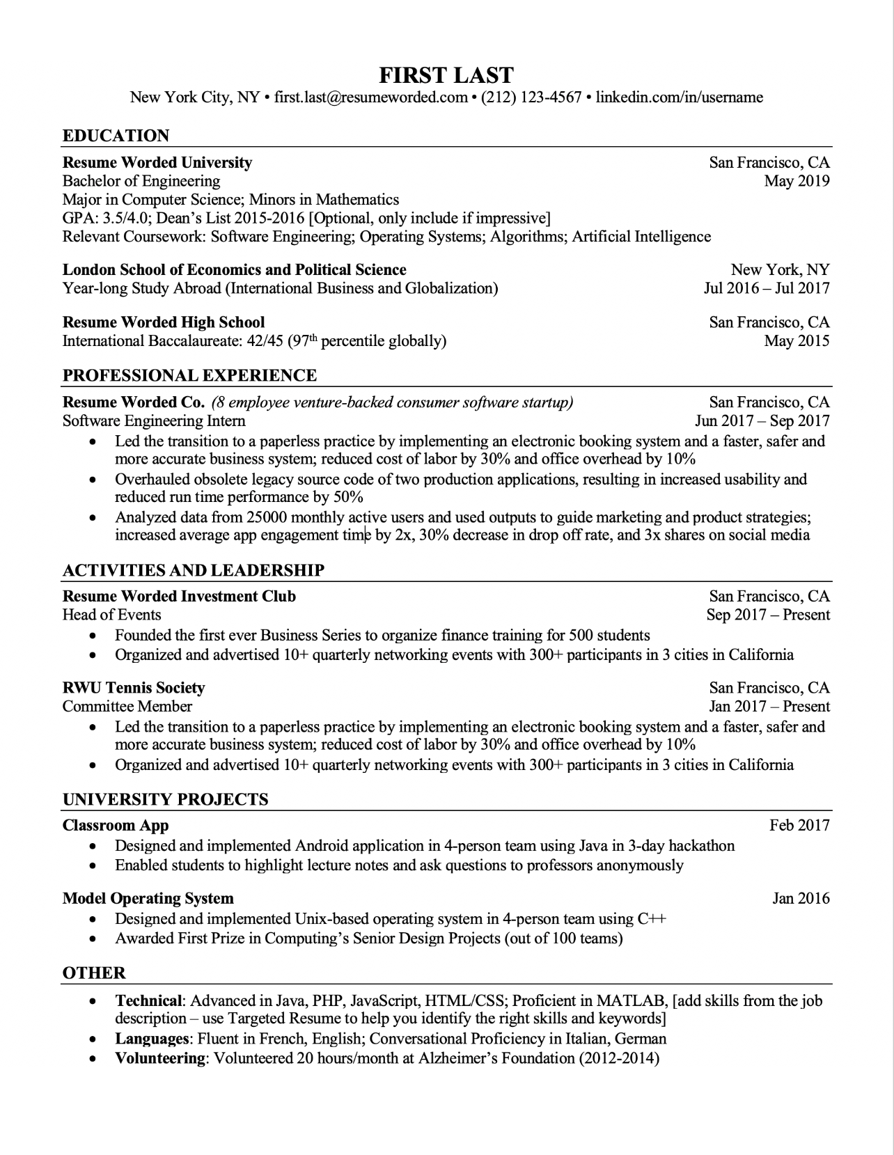 Free ATS Ready Resume Template for Students - Preview One